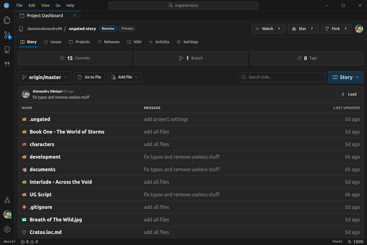 Screenshot of Ungated's project dashboard showing timelines, task lists, and version history for a writing project